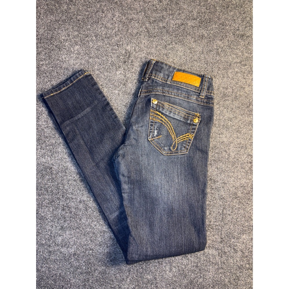 Rewind Straight leg Jeans Women 1 Blue Denim Distressed Contrast Stitch Low Rise
